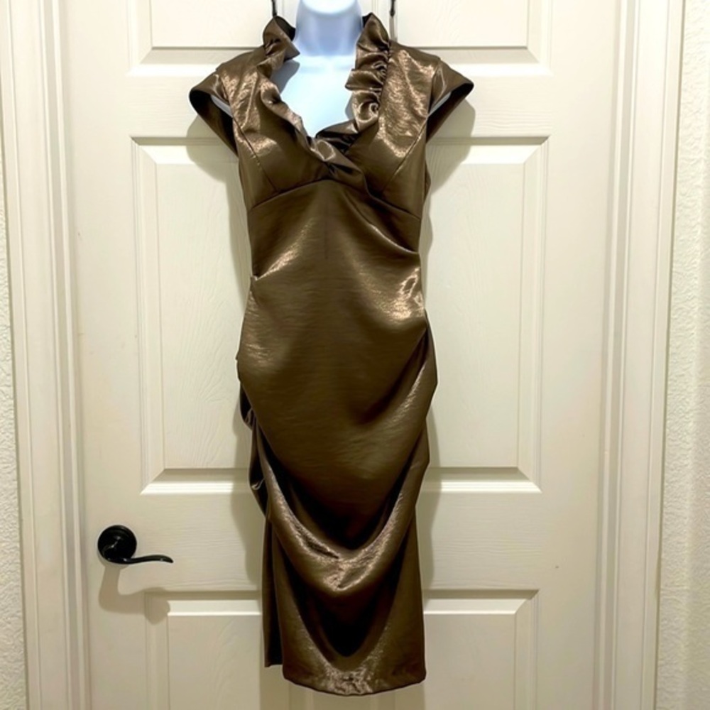 XSCAPE By Joanna Chen Bronze Ruffle Dress